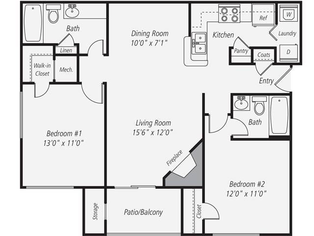Floorplan for Apartment #107-102, 2 bedroom unit at Halstead Fair Oaks