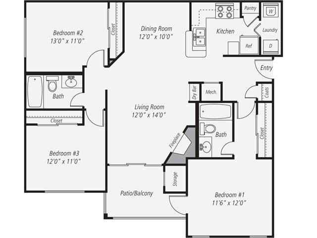 Floorplan for Apartment #236-1212, 3 bedroom unit at Halstead Fair Oaks